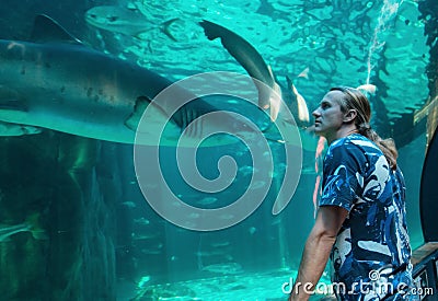 Young man watches a shark