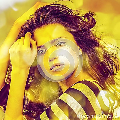 Young sensual romantic beauty woman. Multicolored pop art style.