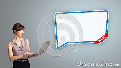 Young woman holding a laptop and presenting modern speech bubble