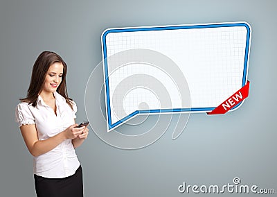 Young woman holding a phone and presenting modern speech bubble