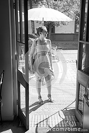 Young woman outside a restaurant