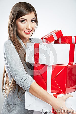 Young woman portrait hold many gift in christmas color style .