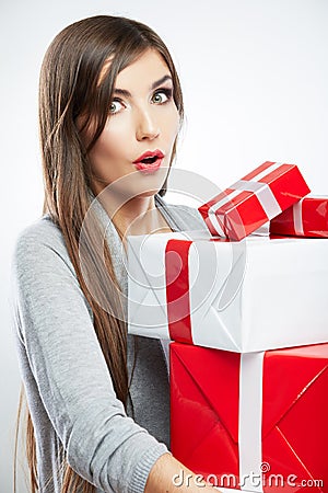 Young woman portrait hold many gift in christmas color style .