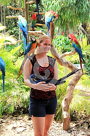 Young woman posing with exotic wildlife,Jungle Island,Miami,2014