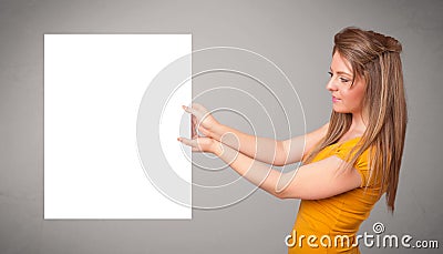 Young woman presenting white paper copy space