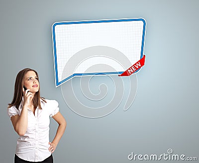 Young woman standing next to a modern speech bubble copy space a