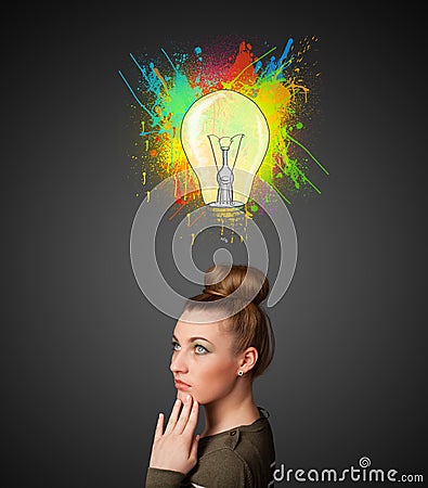 Young woman thinking with lightbulb above her head