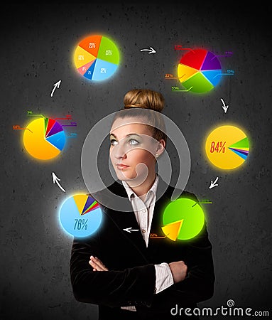 Young woman thinking with pie charts circulation around her head
