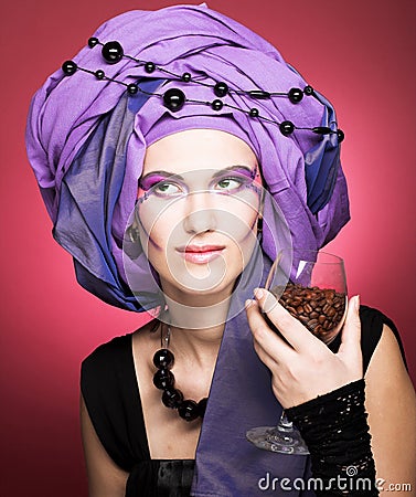 Young woman in violet turban