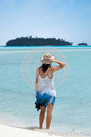Young woman visit Aitutaki Lagoon Cook Islands