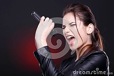Young woman whitth microphone