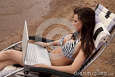 Zebra bikini and laptop side view