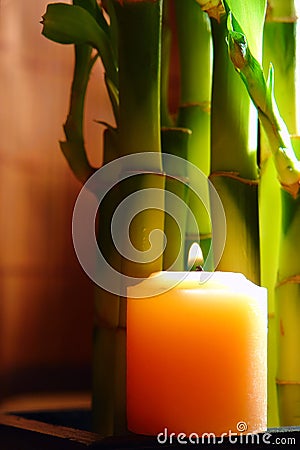 Zen Meditation Candle Burning with Bamboo Stems