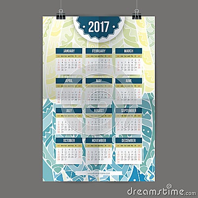 zentangle五颜六色的日历2017手画仿照花卉样式和图片