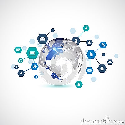 与媒介网络标志的世界通信&技术企业概念孤立白色背景