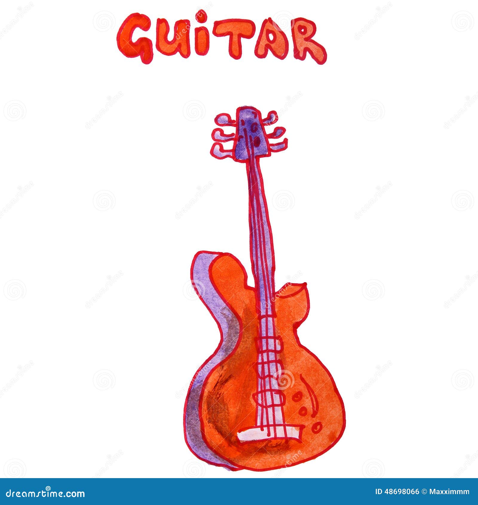 图画儿童水彩吉他,橙色动画片