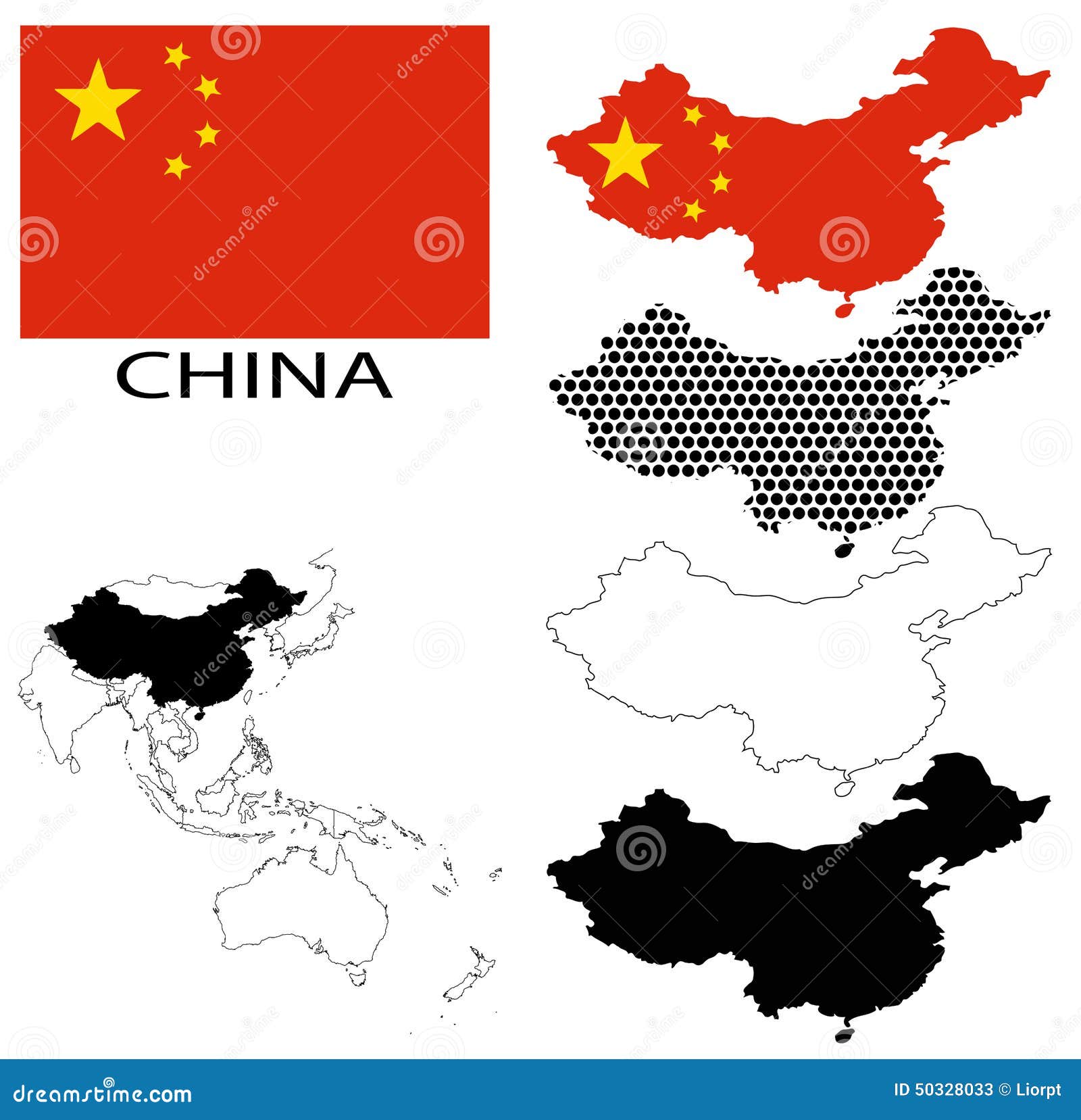 中国-等高线图,国旗和亚洲地图传染媒介图片