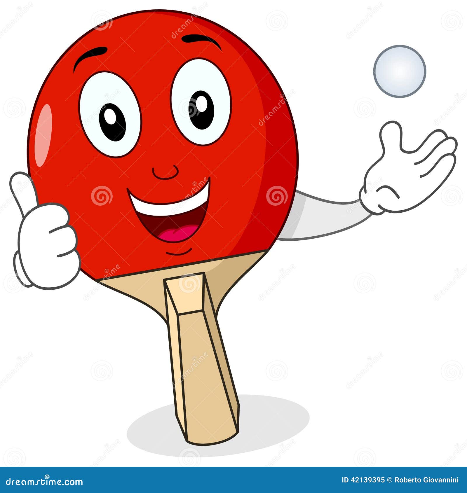 与赞许的一个快乐的动画片红色乒乓球或乒乓球球拍字符和使用与球