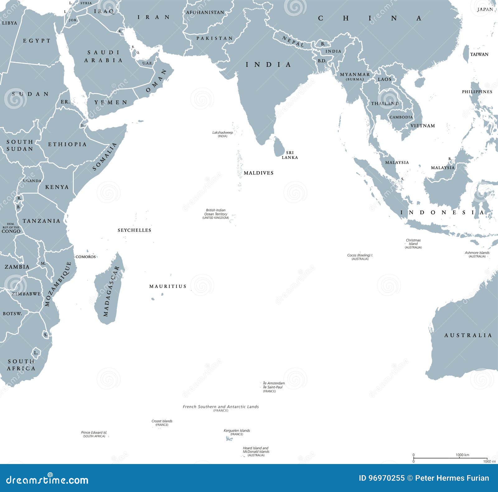和边界的印度洋政治地图 英国标记 一定亚洲,非洲,澳大利亚和南极洲图片