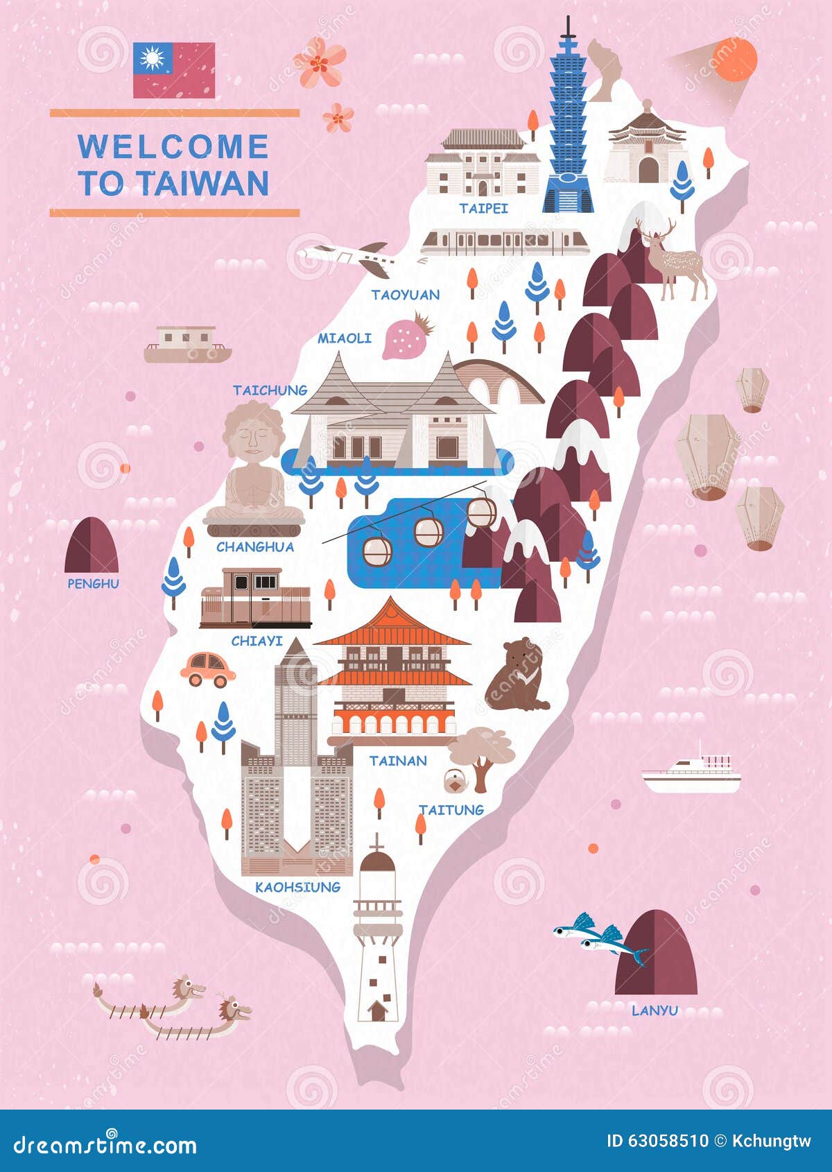 在平的样式的可爱的台湾旅行地图设计.图片