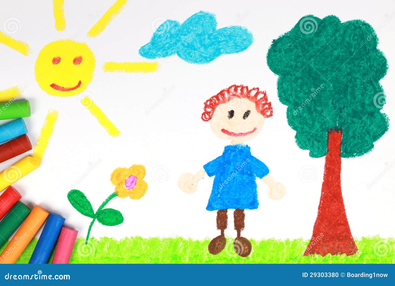 小家伙样式一个绿色草甸的蜡笔画有树,子项,星期日和花的.