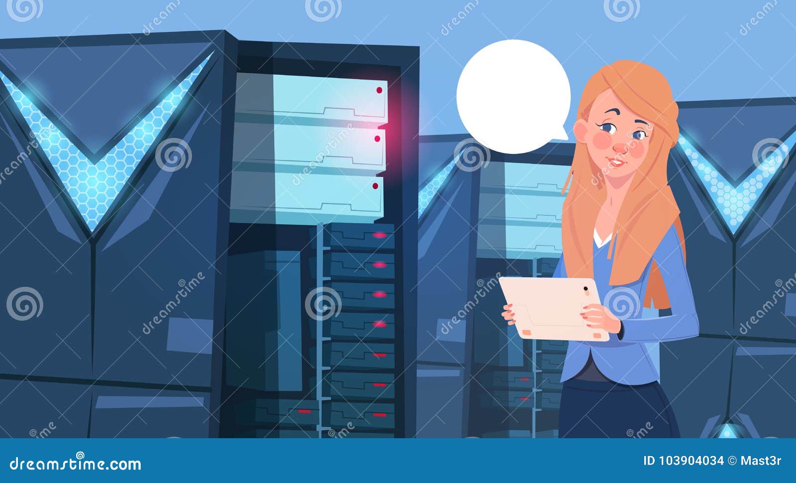 工作在现代数据库中心或服务器室女实业家工程师的数字式片剂的女商人