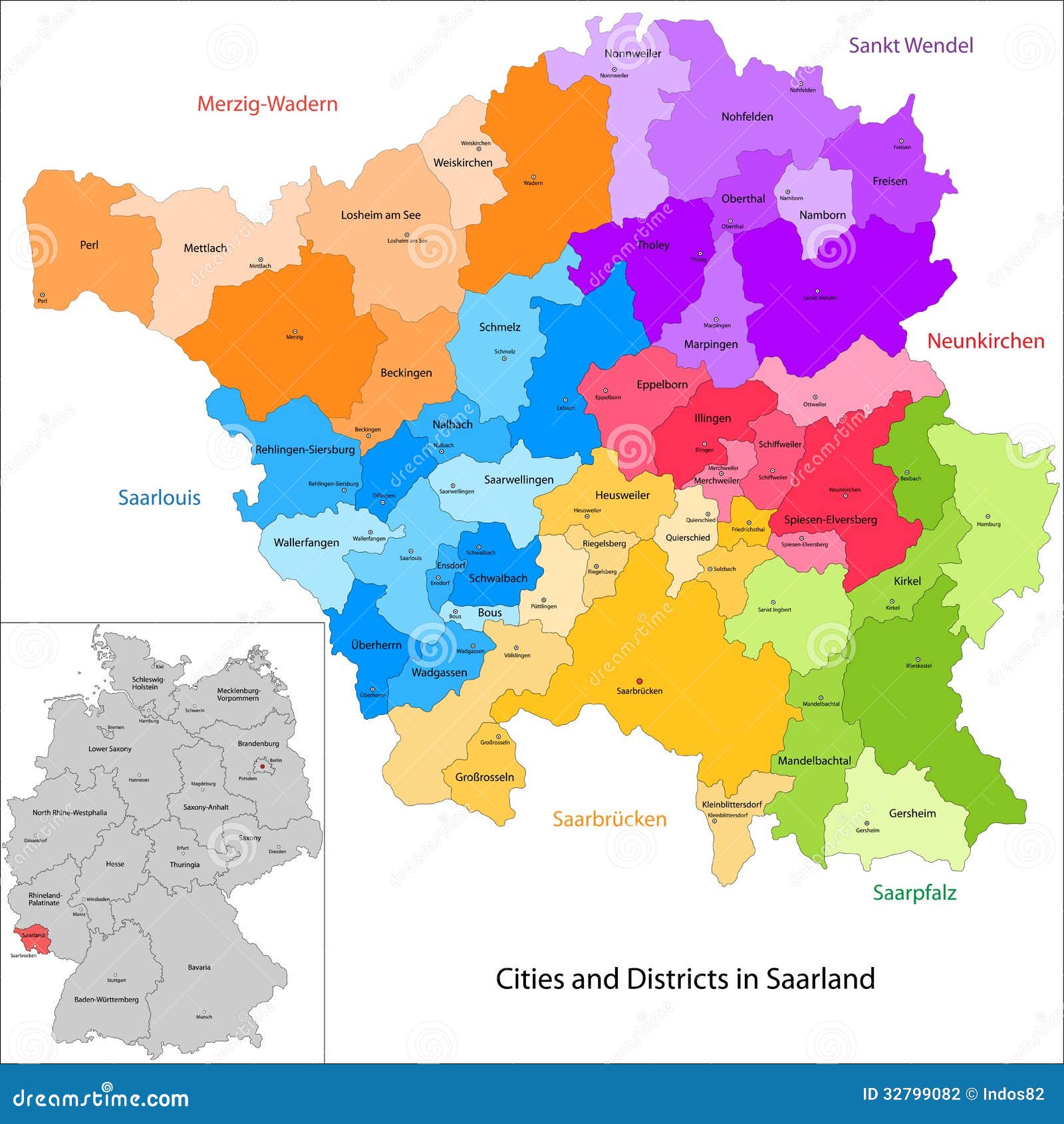 德国的管理部门.萨尔地图有城市和区的.图片