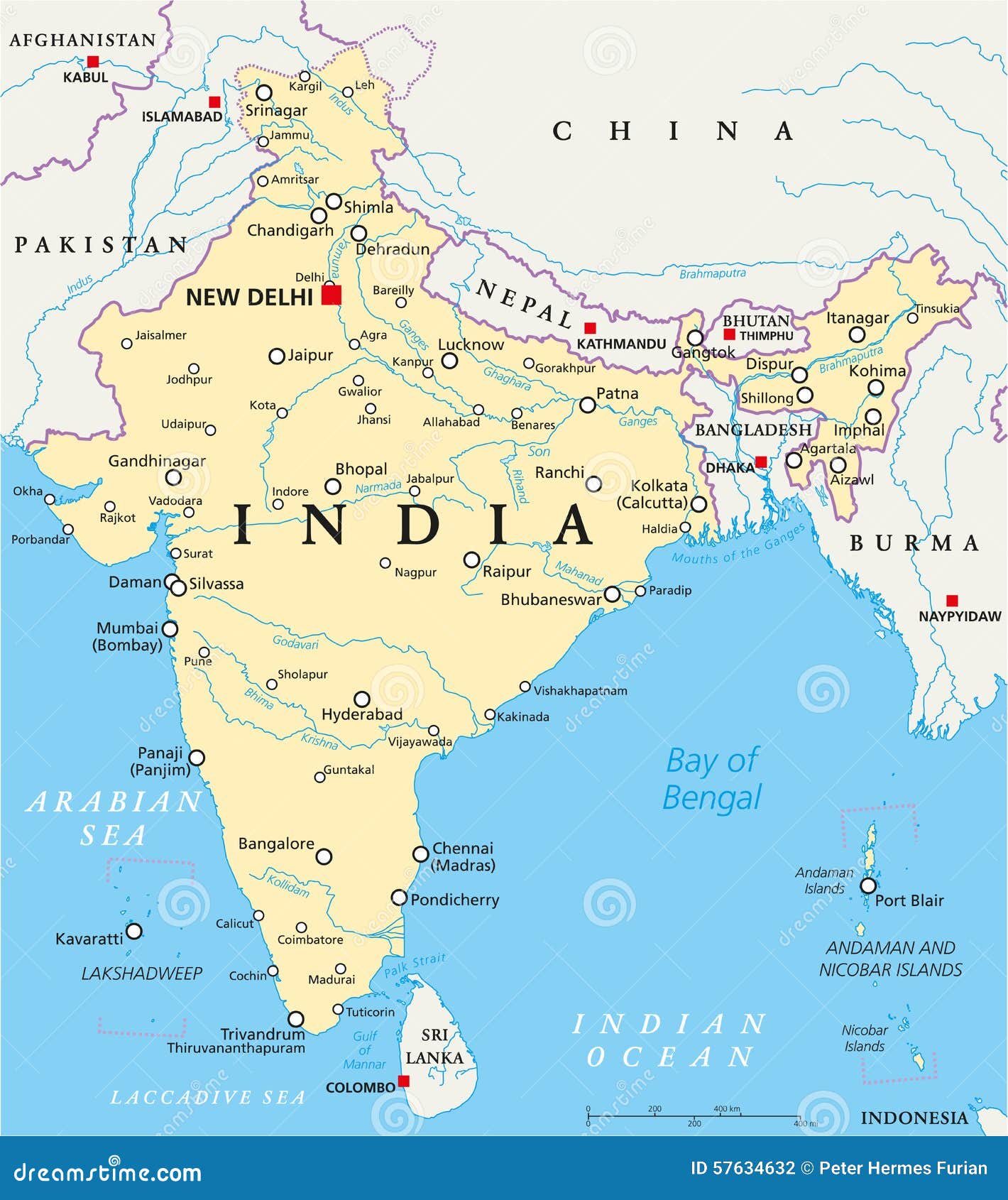 与首都新德里,国界,重要城市,河和湖的印度政治地图 英国标记和称图片