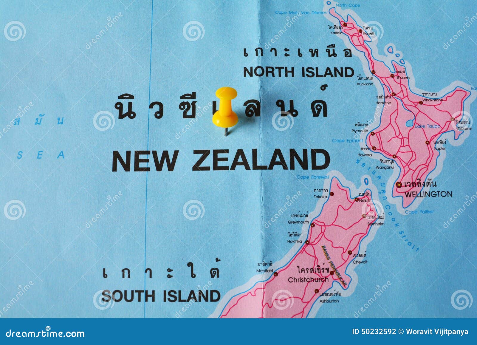 新西兰地图宏观射击与推挤别针的.图片