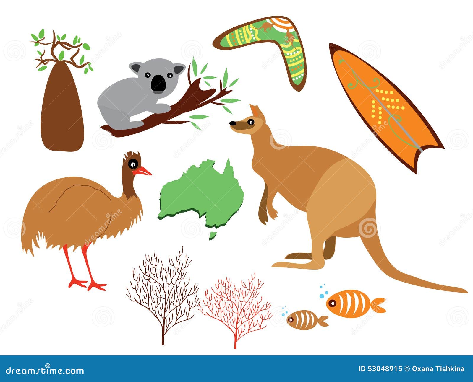 与珊瑚,鱼,瓶树,袋鼠,鸸,飞旋镖,树袋熊,冲浪的书桌,澳大利亚地图的图片