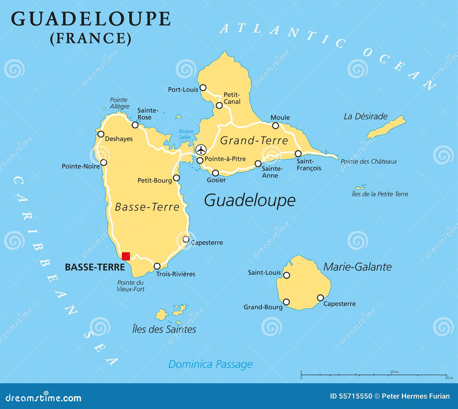 的瓜德罗普政治地图,位于背风群岛,一部分的小安的列斯群岛在加勒比图片