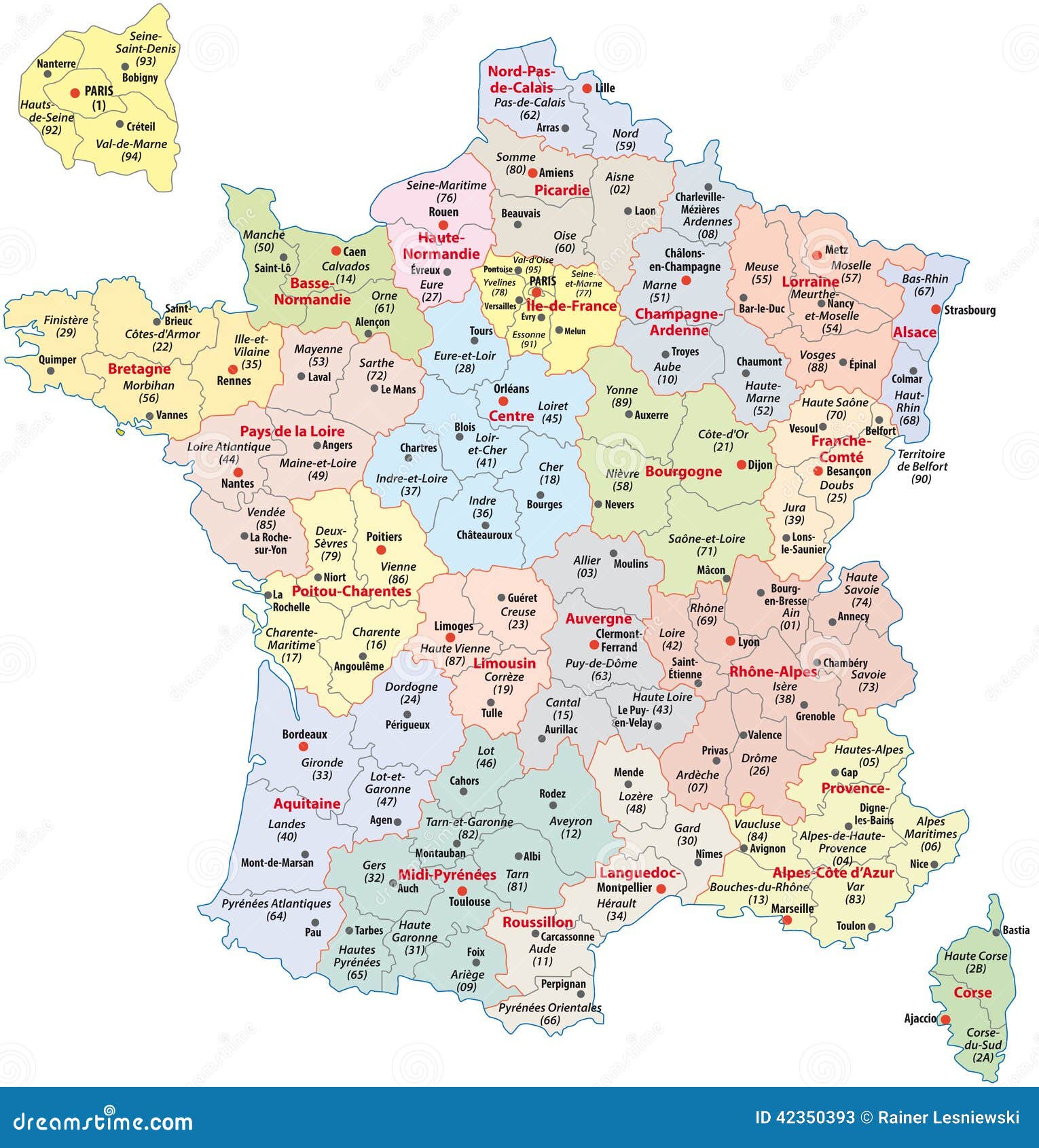 法国的地图划分了成地区和arrondissements.图片