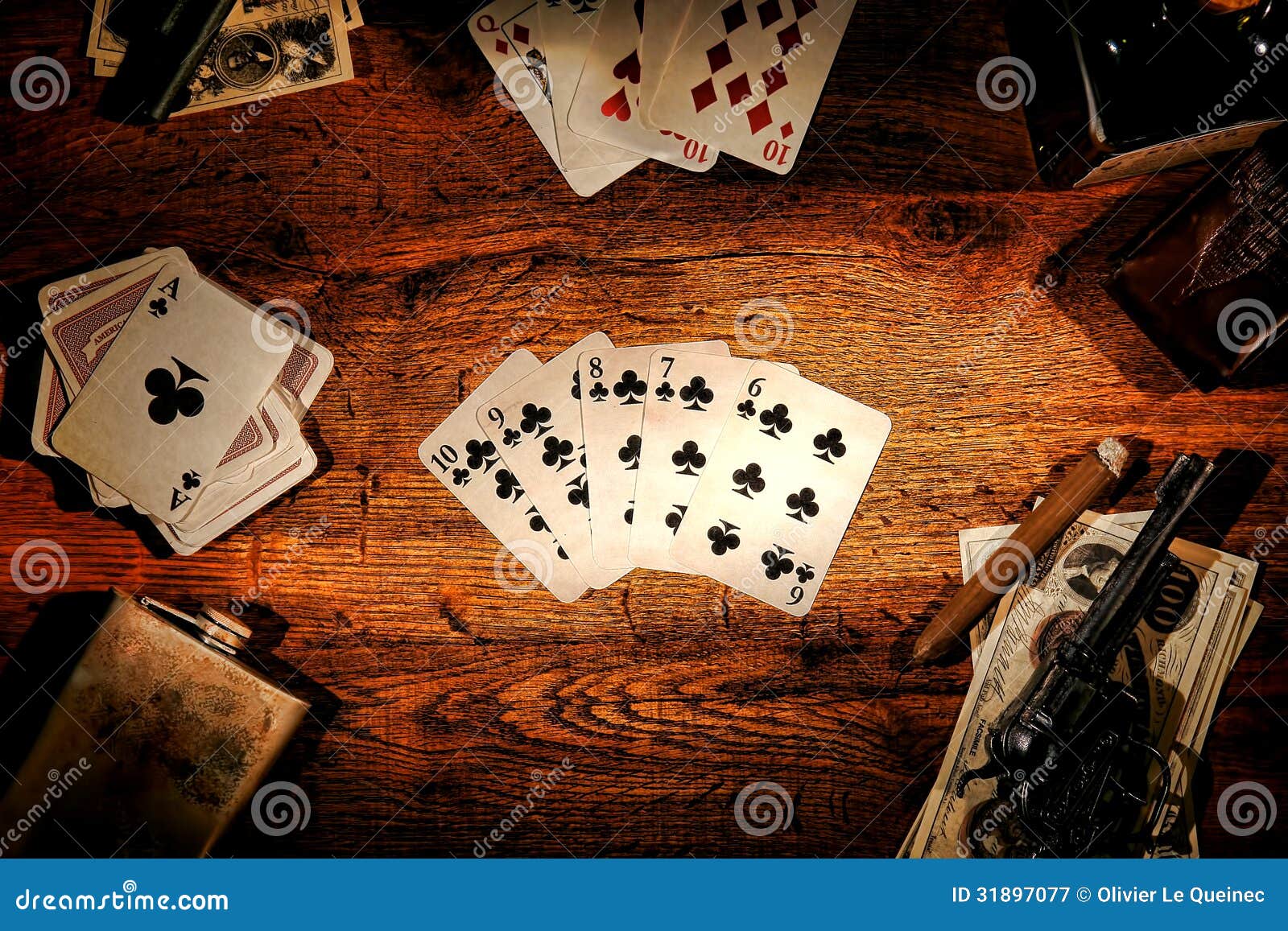 美国西部传奇老扑克牌游戏同花顺免版税图库摄
