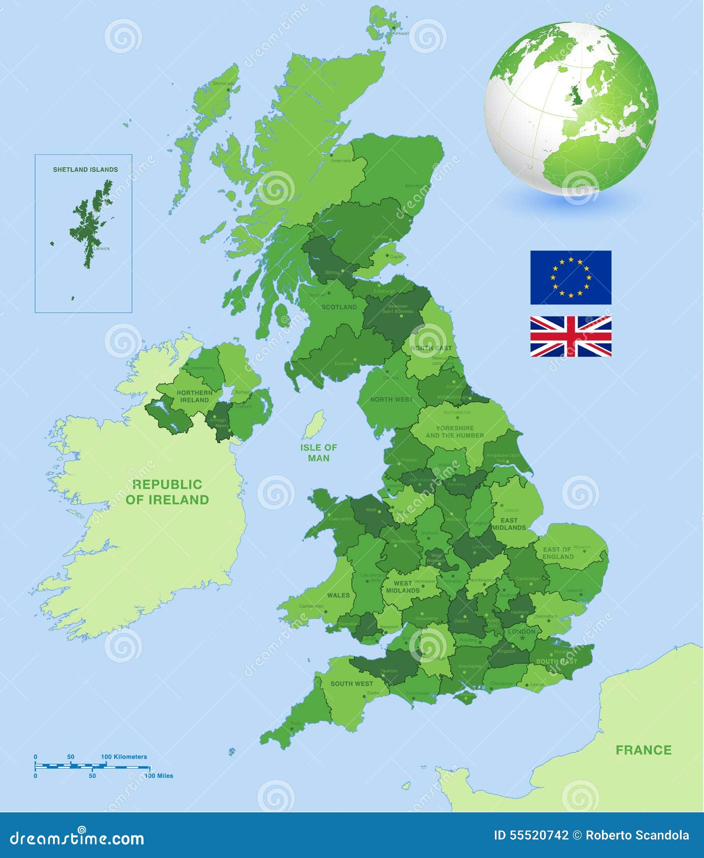 英国地区一张高细节传染媒介地图,行政区和主要城市和传染媒介地球与图片