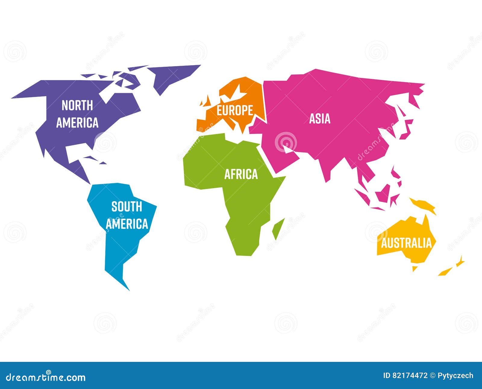 被简化的世界地图被划分对六个用不同的颜色 简单