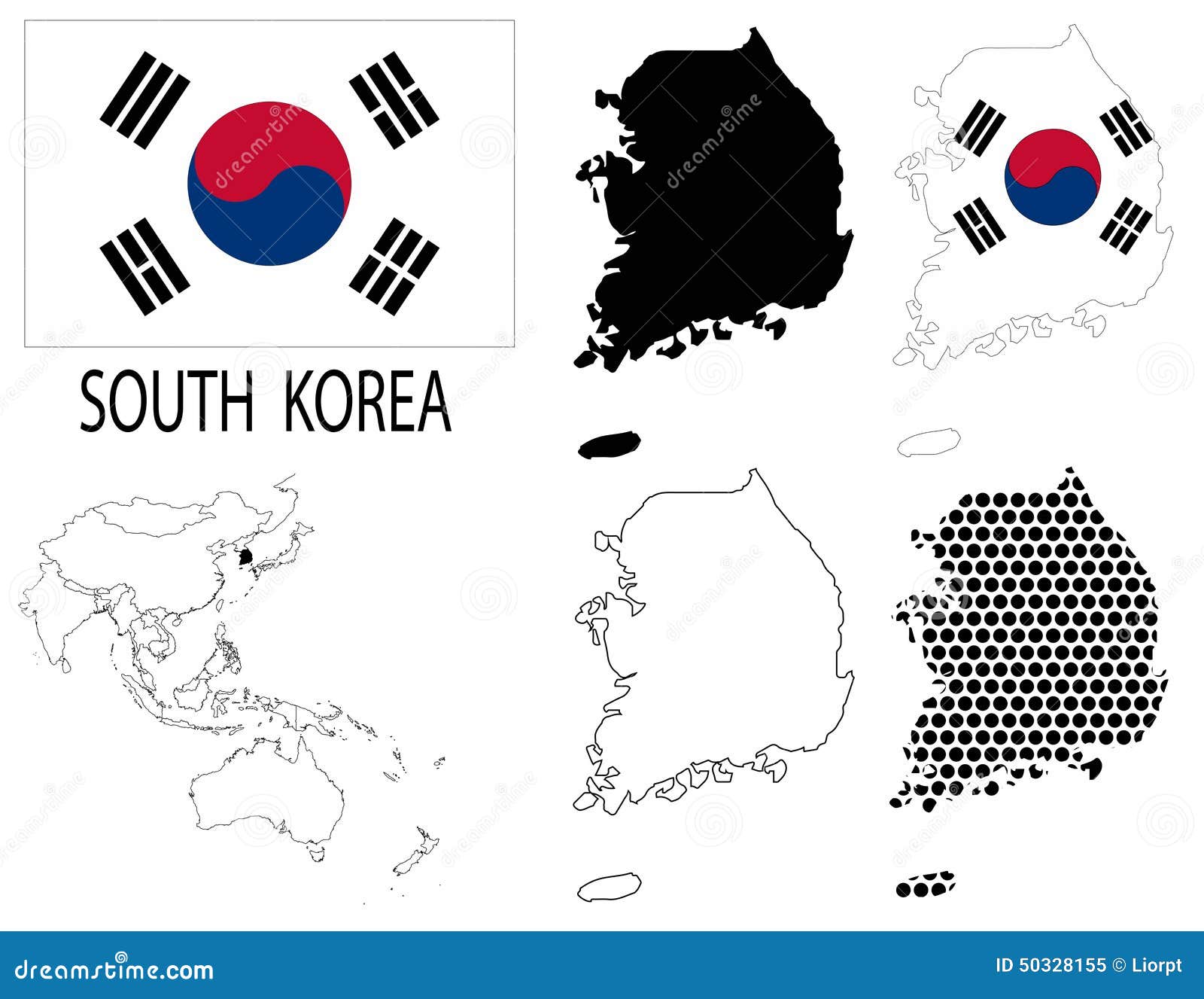 韩国-四个任意等高线图,国旗和亚洲地图传染媒介.