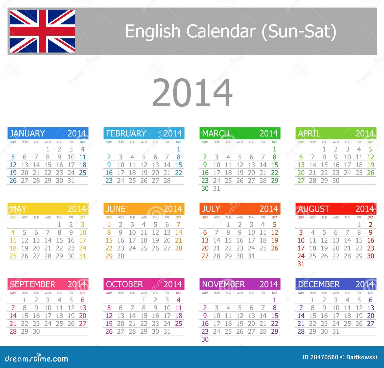 2014 English Type-1 Calendar Sun-Sat on white background.