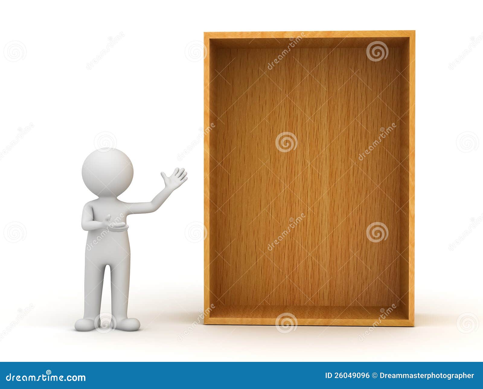  Free Stock Image: 3d man standing and presenting blank wood shelf or