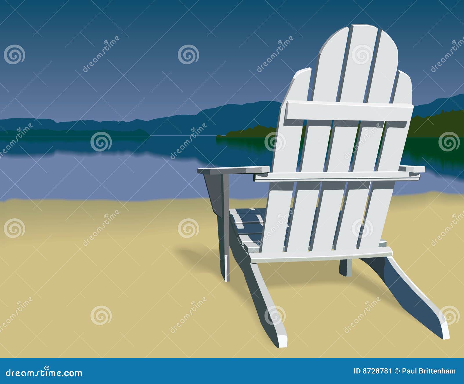 Adirondack chair on a beach that has a view of a mountain ringed lake 