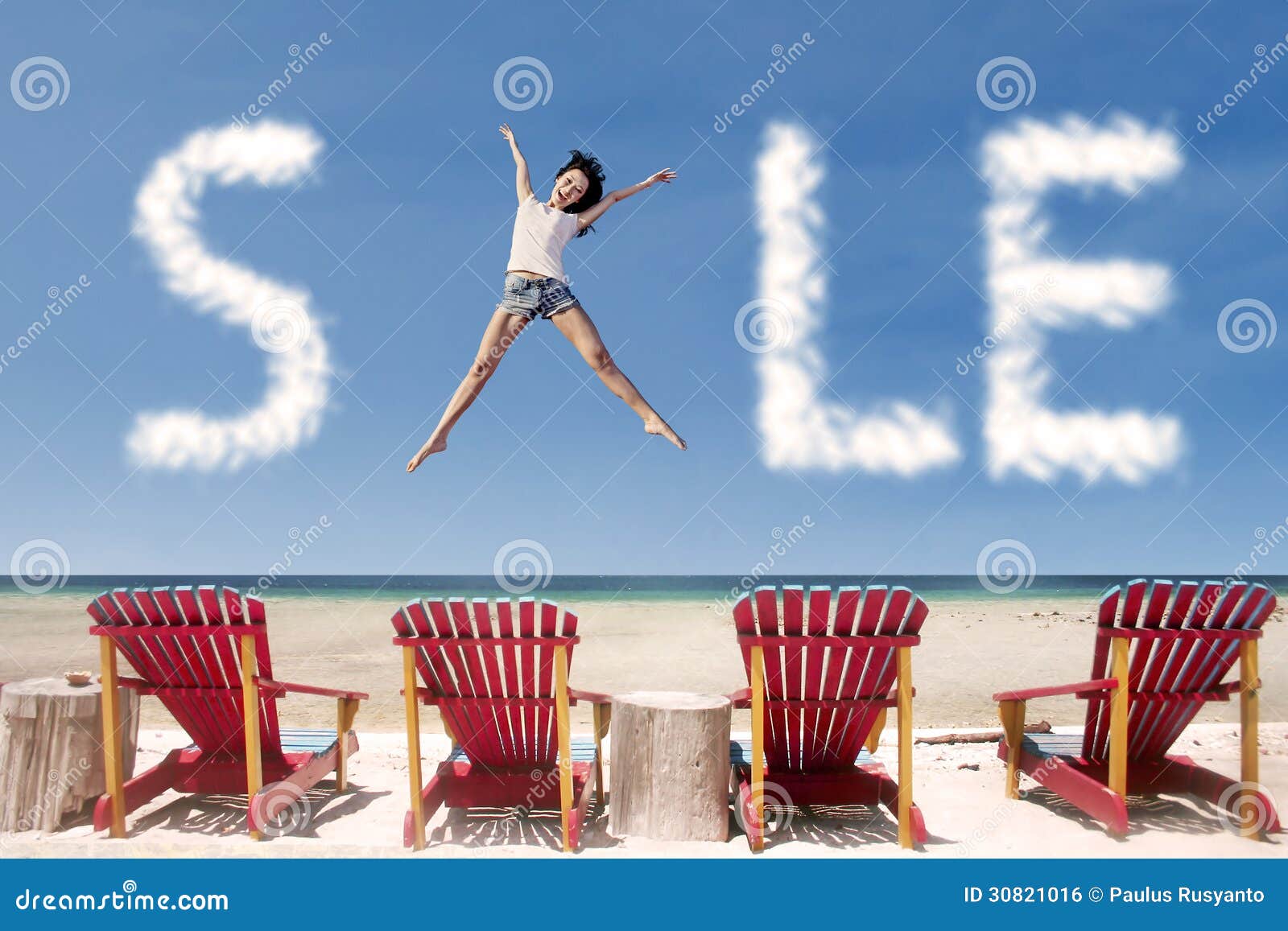  Stock Image: Advertising sale cloud and girl jump over beach chairs