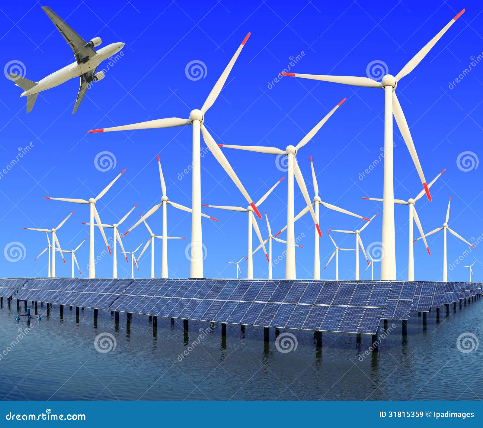  flying in eco power of wind turbines and solar panel plant at concept