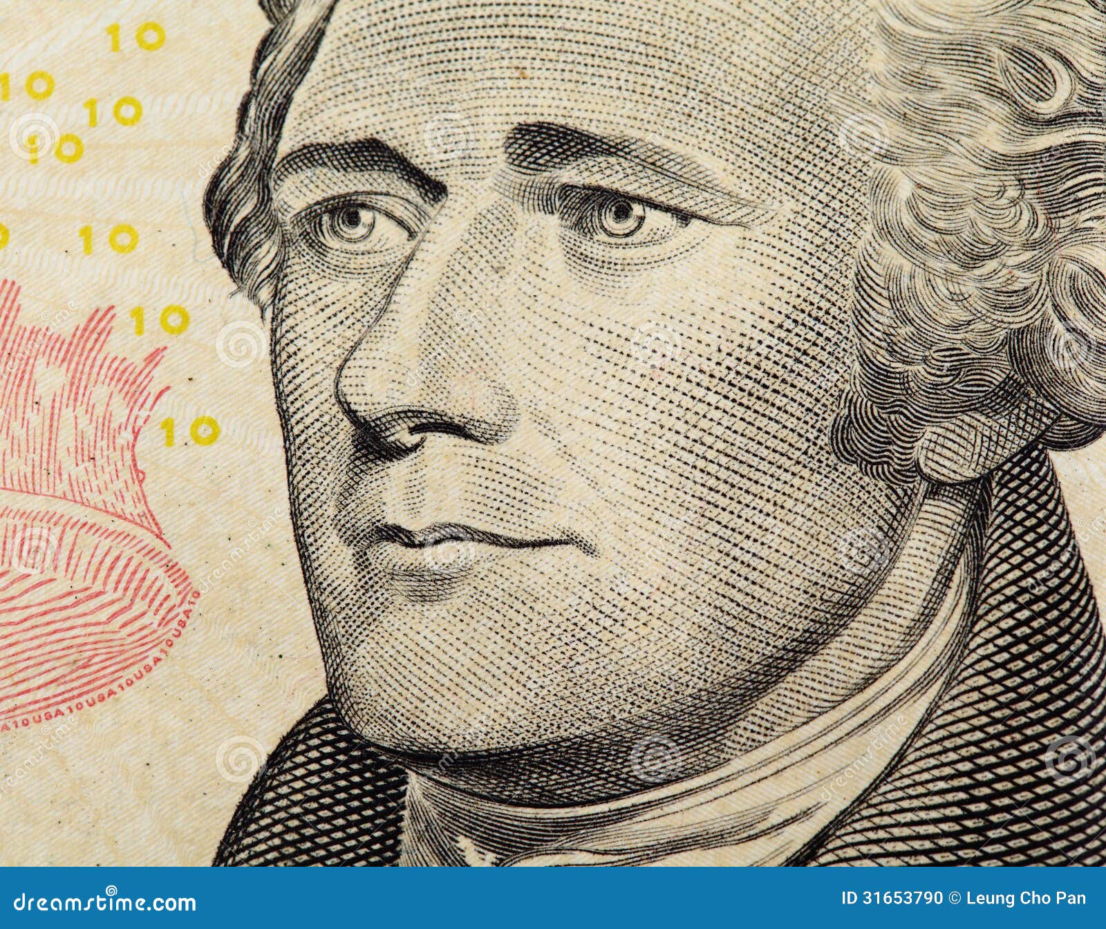 Alexander Hamilton auf US zehn Dollar Banknotenabschluß oben