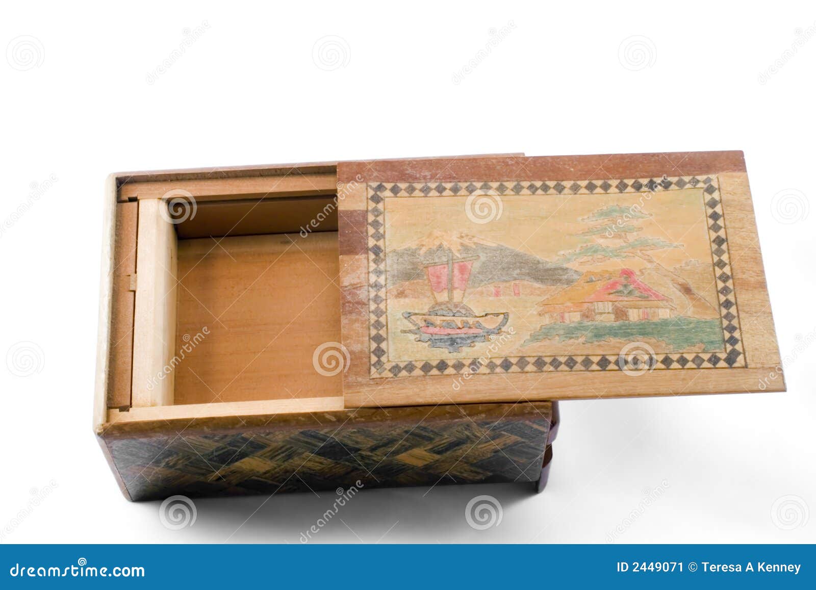 Old/Antique wooden Japanese puzzle box with decoration on lid and 