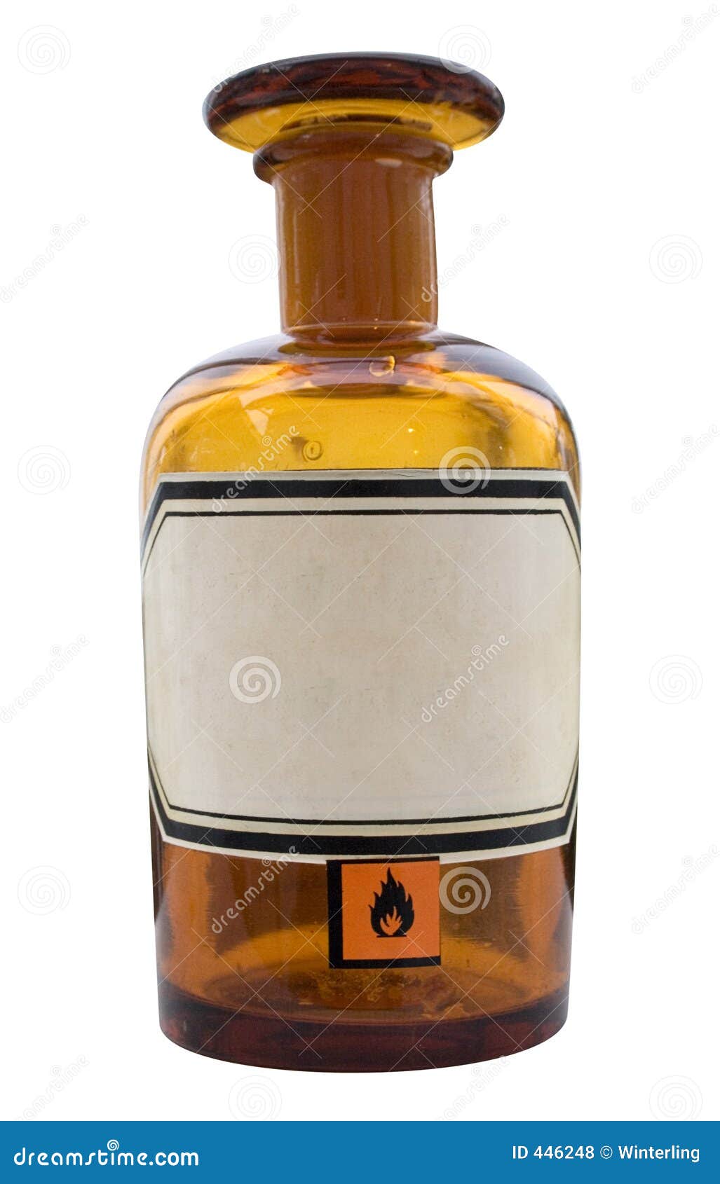 Brownish apothecary bottle with a warning symbol isolated on a white ...