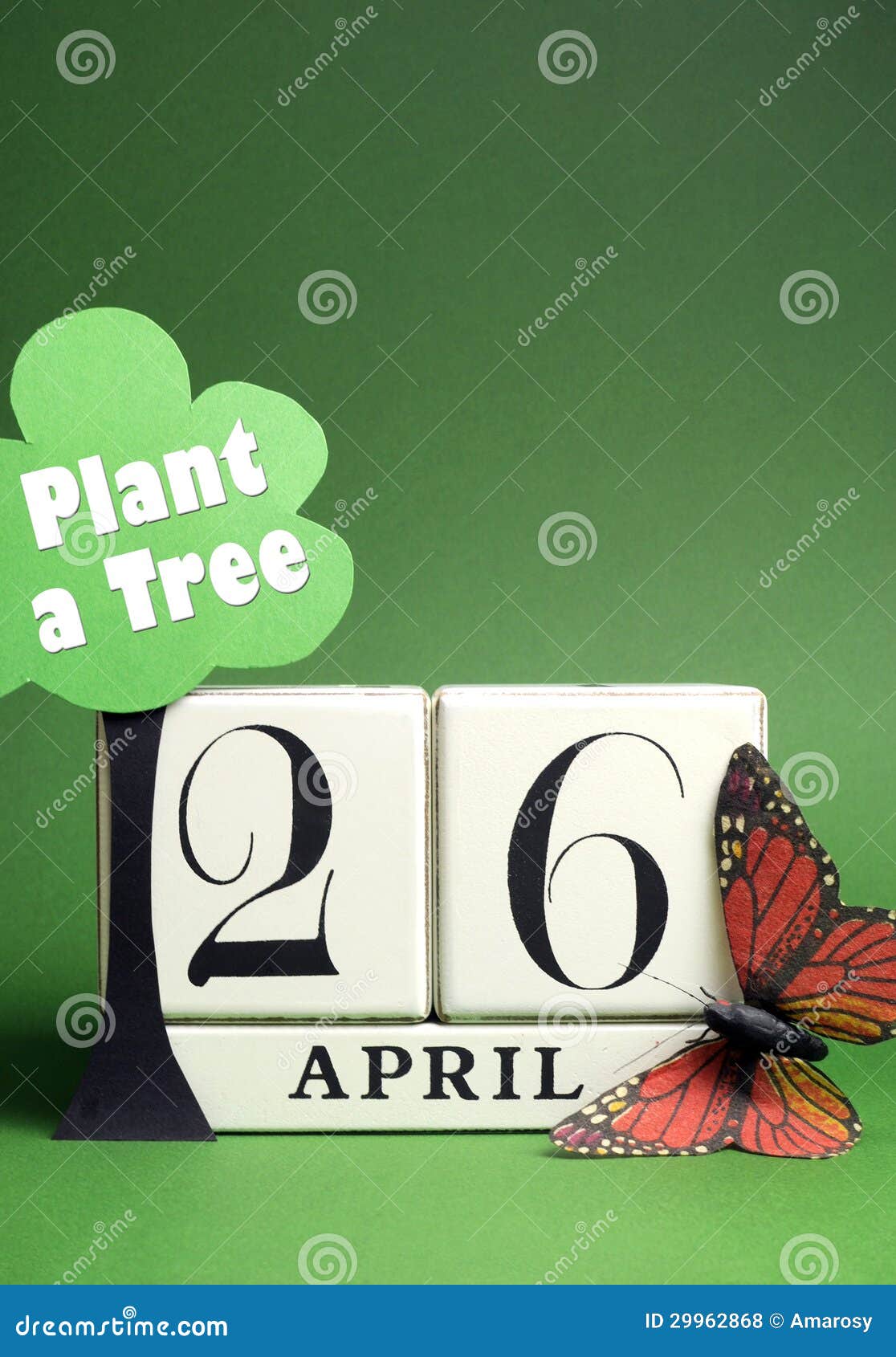 Arbor Day, plant a tree on April 26 with white block calendar, tree 