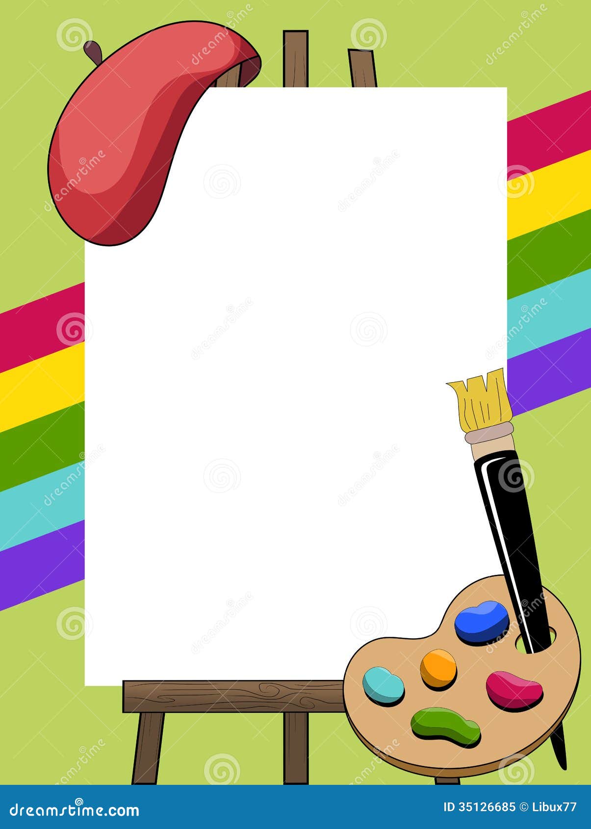 Artist painter frame with palette , brush and beret arranged around 