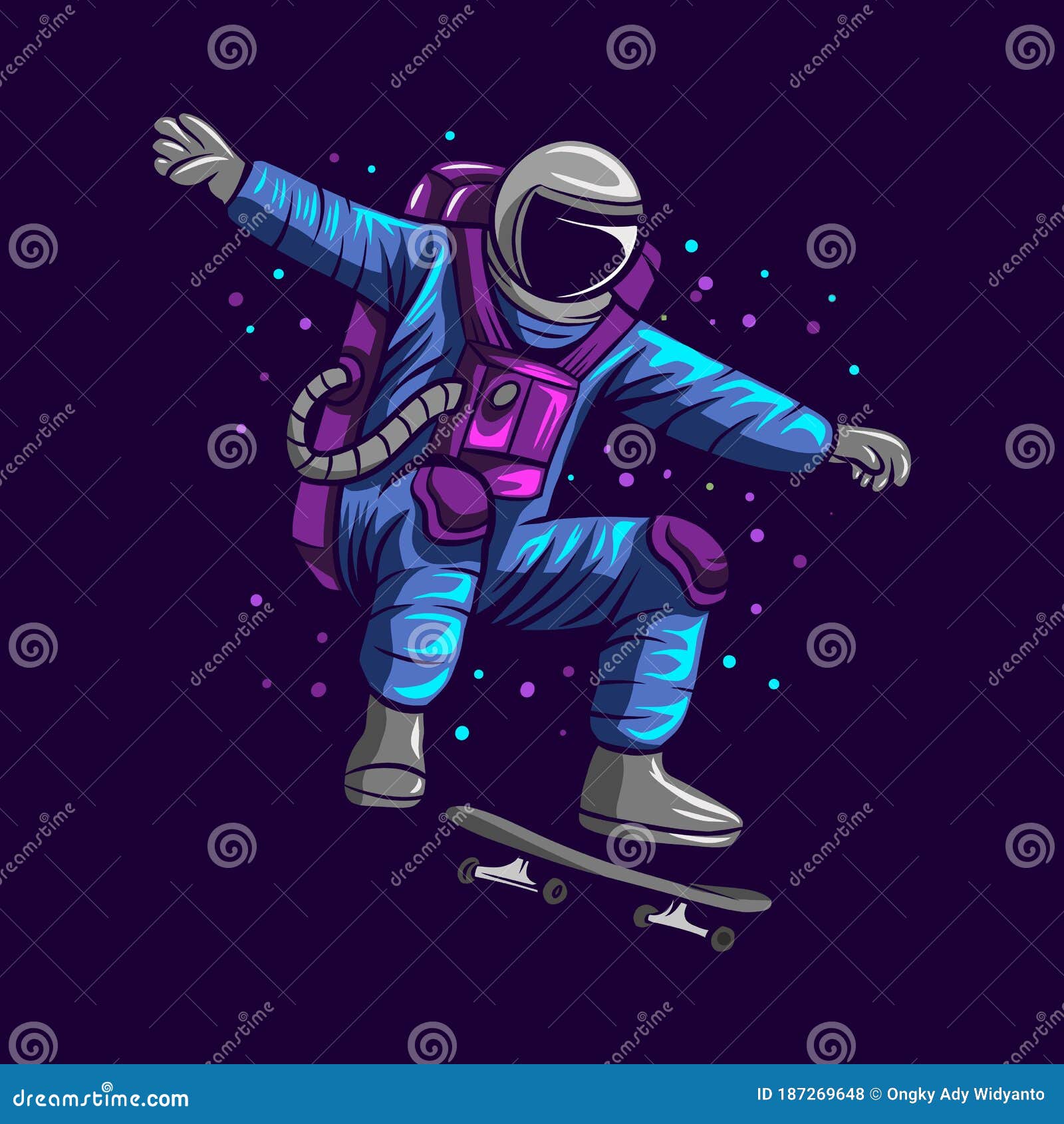 Astronaut Skater Riding On Skateboard Through The Space Comic Style