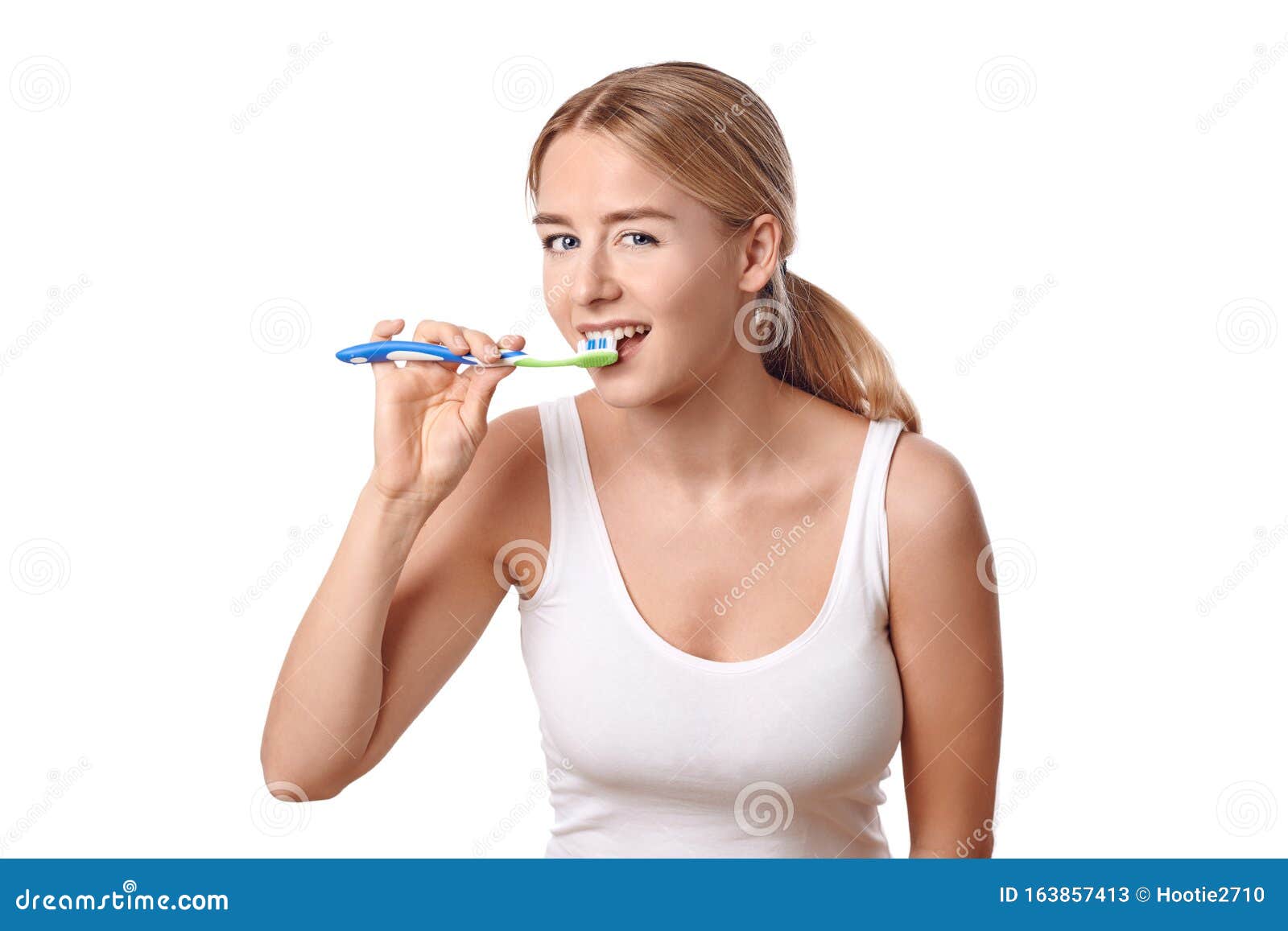 Attractive Woman Brushing Her Teeth Stock Image Image Of Camera