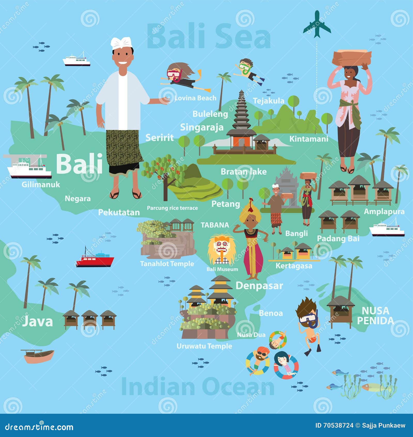 Bali Indonesia Map And Travel Stock Vector Image 70538724