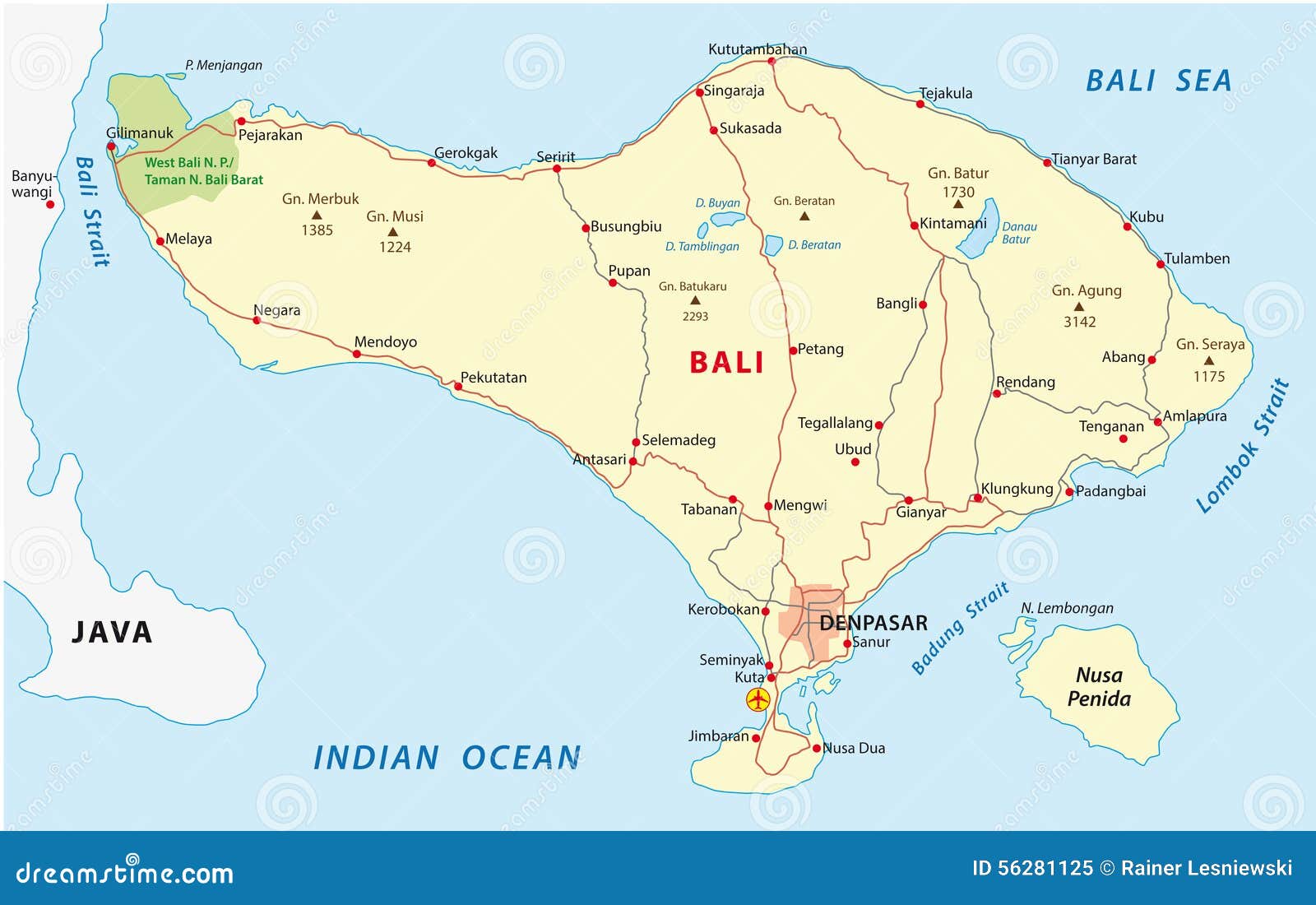 Bali Map Road Indonesian Resort Island 56281125 